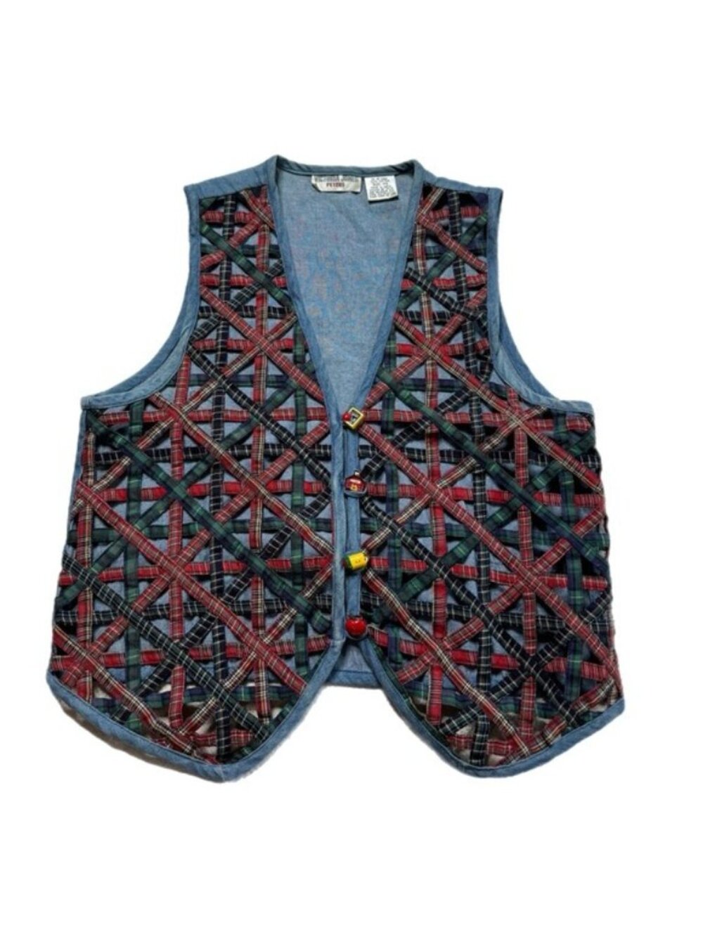 VTG 90s Back To School Plaid Denim Cute Buttons Teacher Vest S Academia Fall